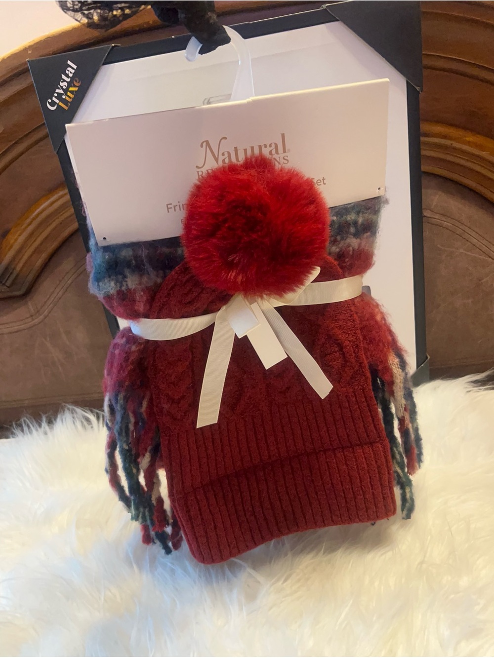 Natural Reflections Red Pom Pom Cuff Hat & Multicolored Fringe Scarf Set - Picture 5 of 9